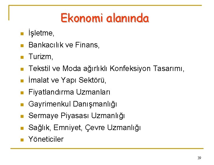 Ekonomi alanında n İşletme, n Bankacılık ve Finans, n Turizm, n Tekstil ve Moda