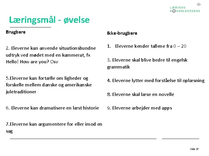 Læringsmål - øvelse Brugbare Ikke-brugbare 2. Eleverne kan anvende situationsbundne udtryk ved mødet med