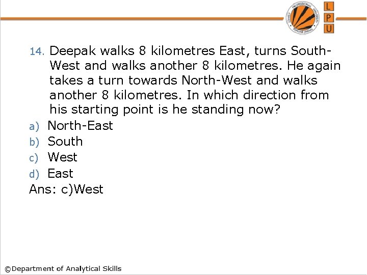 Deepak walks 8 kilometres East, turns South. West and walks another 8 kilometres. He