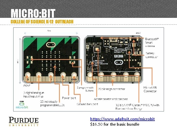 MICRO: BIT COLLEGE OF SCIENCE K-12 OUTREACH https: //www. adafruit. com/microbit $16. 50 for