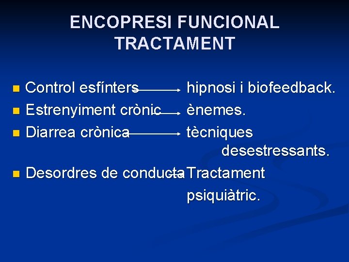 ENCOPRESI FUNCIONAL TRACTAMENT Control esfínters n Estrenyiment crònic n Diarrea crònica hipnosi i biofeedback.