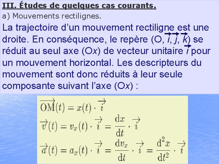 III. Études de quelques cas courants. a) Mouvements rectilignes. La trajectoire d’un mouvement rectiligne