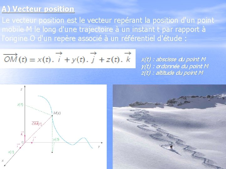 A) Vecteur position Le vecteur position est le vecteur repérant la position d'un point