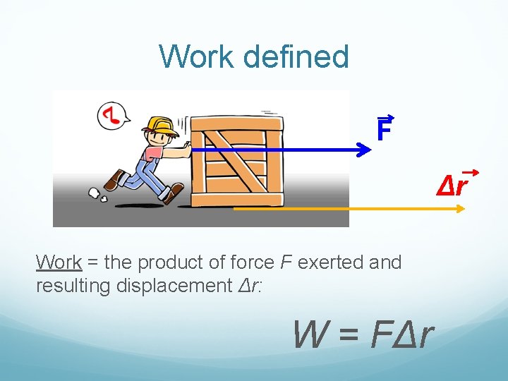 Work defined F Δr Work = the product of force F exerted and resulting