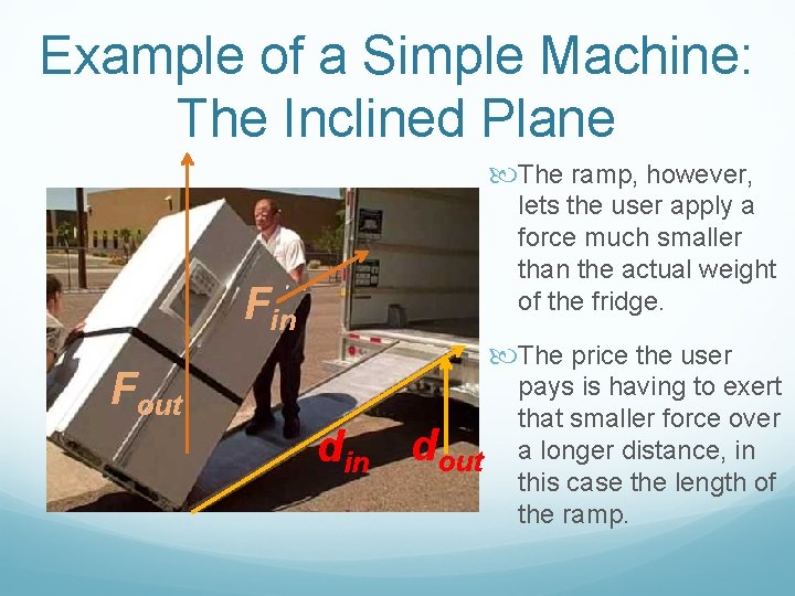 Example of a Simple Machine: The Inclined Plane The ramp, however, lets the user