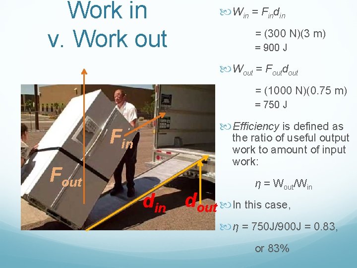 Work in v. Work out Win = Findin = (300 N)(3 m) = 900