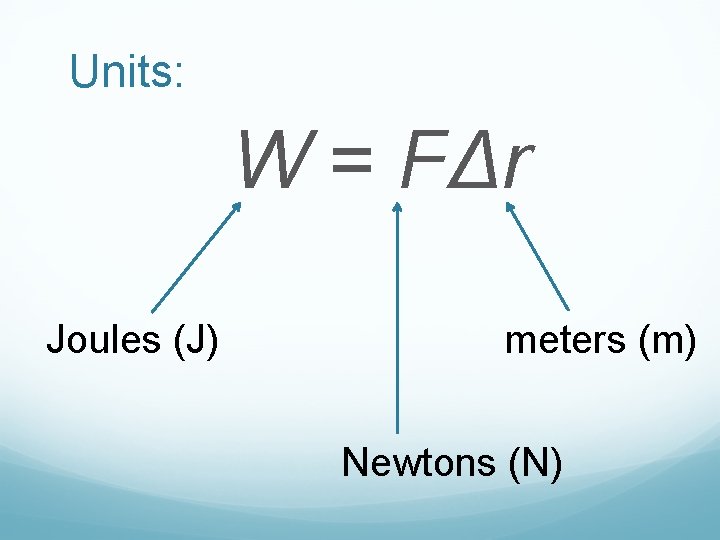 Units: W = FΔr Joules (J) meters (m) Newtons (N) 