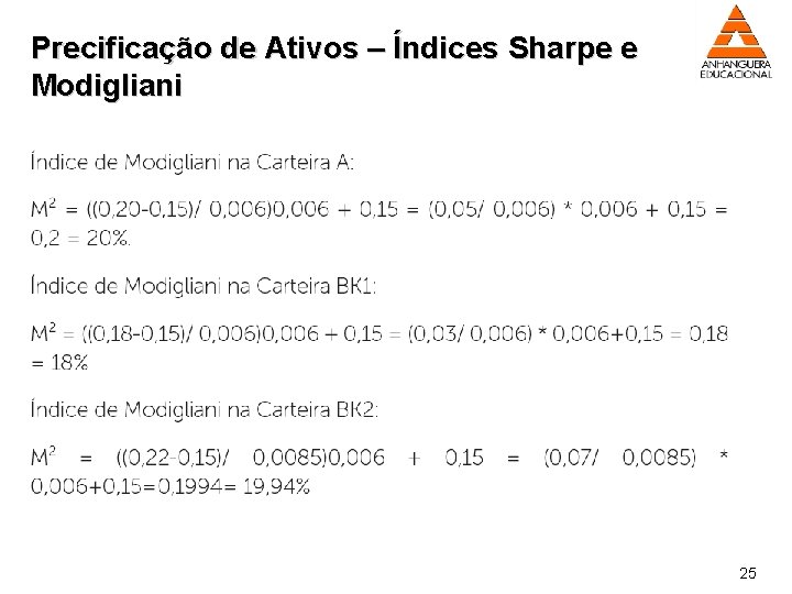 Precificação de Ativos – Índices Sharpe e Modigliani 25 