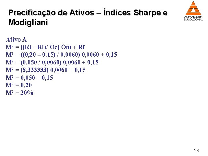 Precificação de Ativos – Índices Sharpe e Modigliani Ativo A M² = ((Ri –