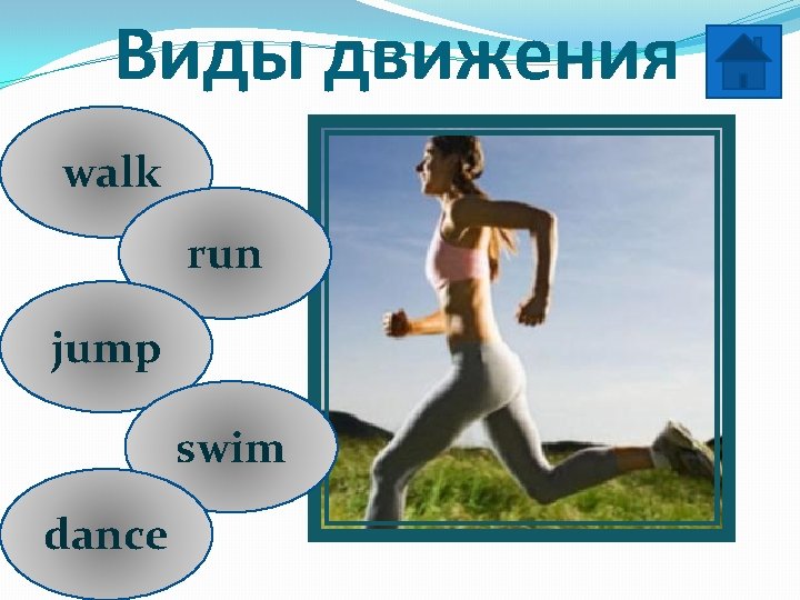 Виды движения walk run jump swim dance 