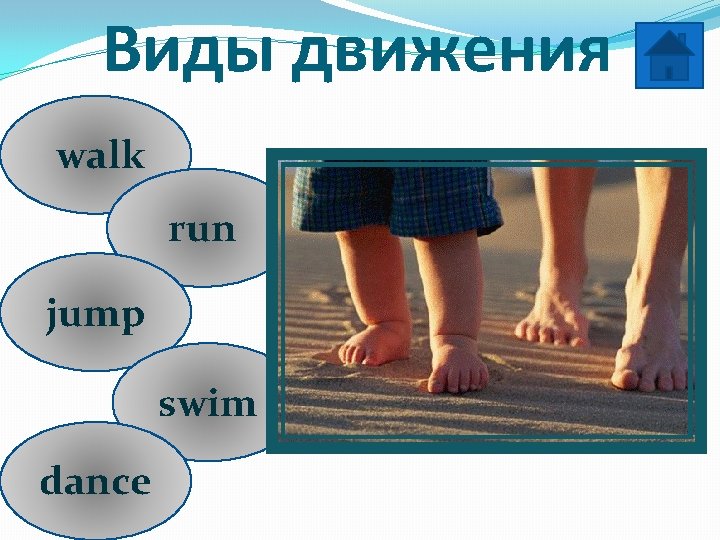 Виды движения walk run jump swim dance 