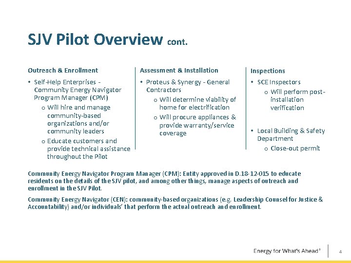 SJV Pilot Overview cont. Outreach & Enrollment Assessment & Installation Inspections • Self-Help Enterprises