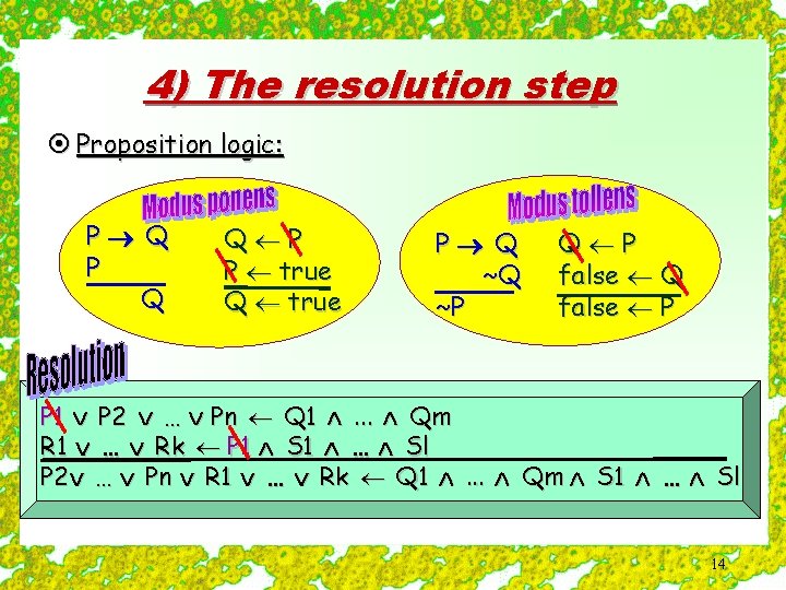 4) The resolution step ¤ Proposition logic: P Q Q P P true Q