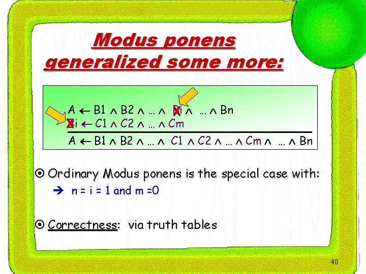 Modus ponens generalized some more: A B 1 B 2 … Bi … Bn