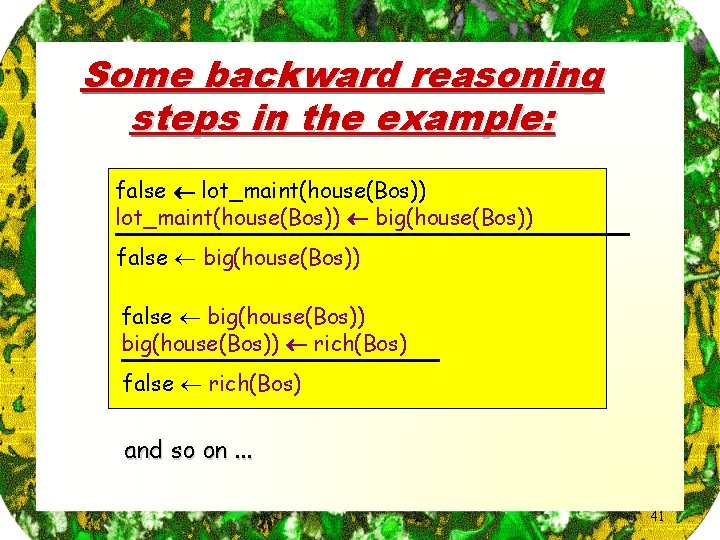 Some backward reasoning steps in the example: false lot_maint(house(Bos)) big(house(Bos)) false big(house(Bos)) rich(Bos) false