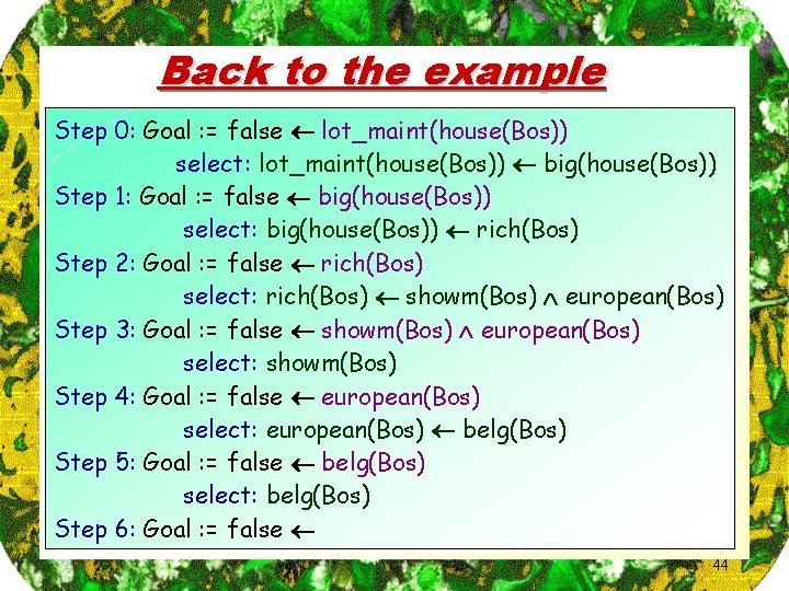 Back to the example Step 0: Goal : = false lot_maint(house(Bos)) select: lot_maint(house(Bos)) big(house(Bos))