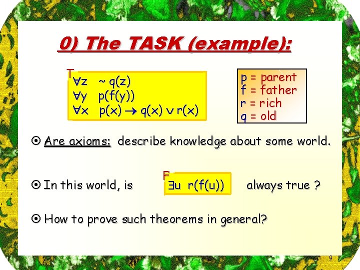 0) The TASK (example): T z y x ~ q(z) p(f(y)) p(x) q(x) r(x)
