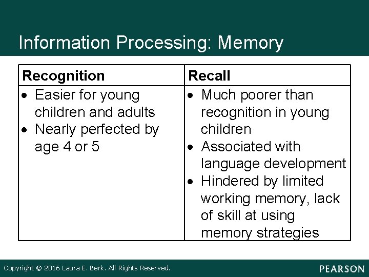 Information Processing: Memory Recognition Easier for young children and adults Nearly perfected by age