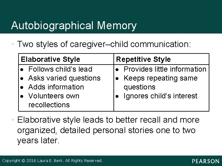 Autobiographical Memory • Two styles of caregiver–child communication: Elaborative Style Follows child’s lead Asks