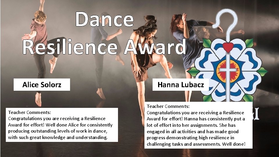 Dance Resilience Award Alice Solorz Teacher Comments: Congratulations you are receiving a Resilience Award