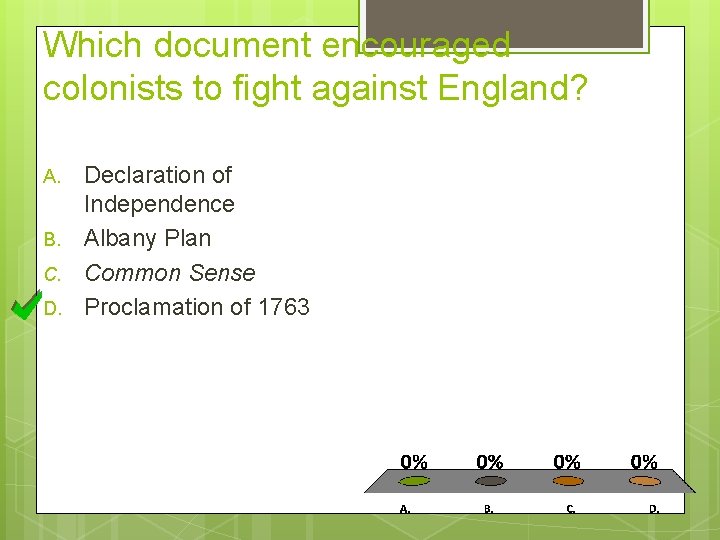 Which document encouraged colonists to fight against England? A. B. C. D. Declaration of