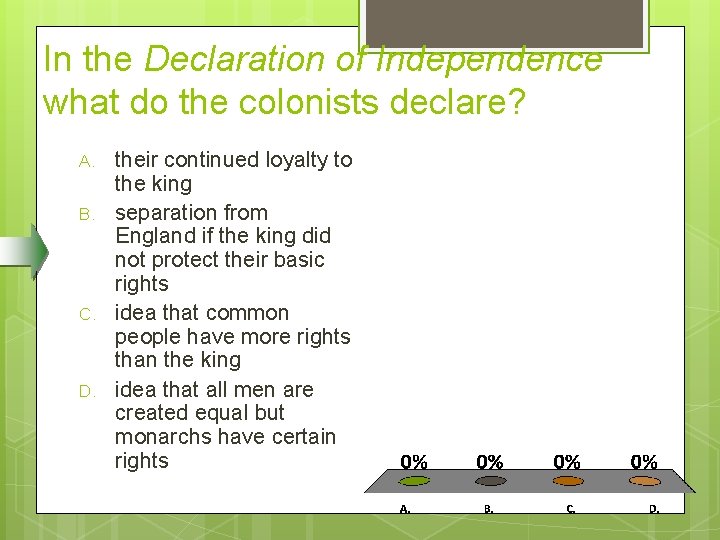 In the Declaration of Independence what do the colonists declare? A. B. C. D.