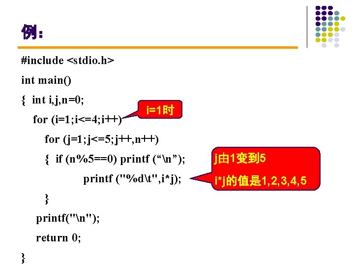 例： #include <stdio. h> int main() { int i, j, n=0; for (i=1; i<=4;