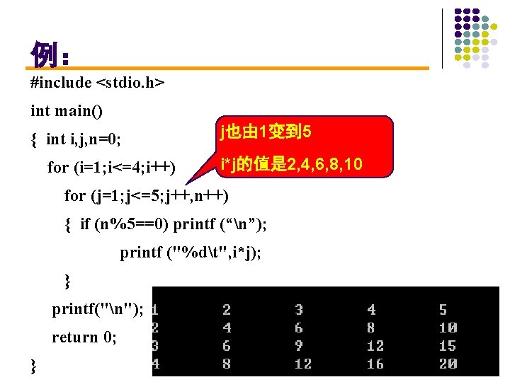 例： #include <stdio. h> int main() { int i, j, n=0; for (i=1; i<=4;