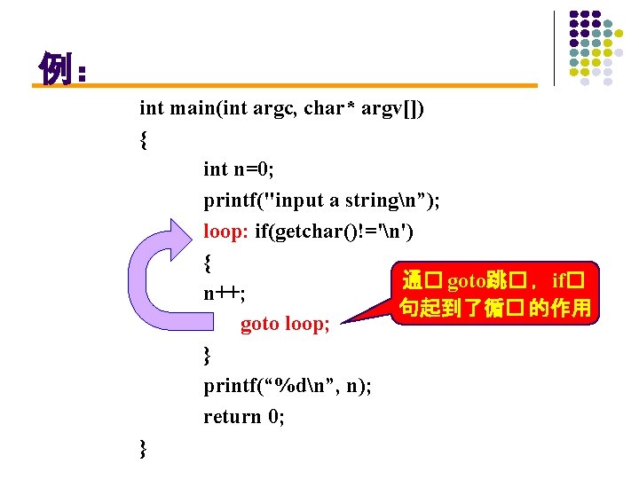 例： int main(int argc, char* argv[]) { int n=0; printf("input a stringn”); loop: if(getchar()!='n')