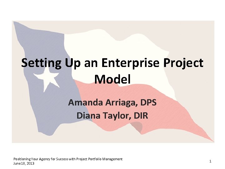 Setting Up an Enterprise Project Model Amanda Arriaga, DPS Diana Taylor, DIR Positioning Your