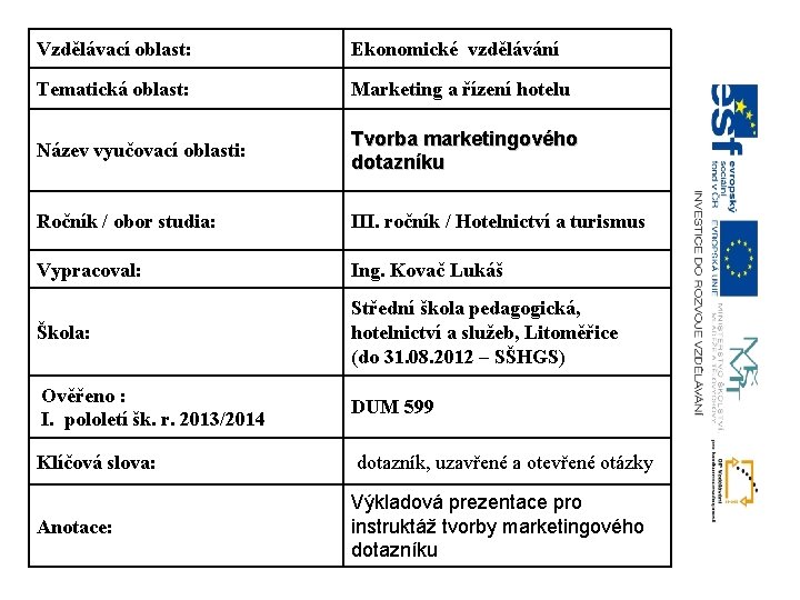 Vzdělávací oblast: Ekonomické vzdělávání Tematická oblast: Marketing a řízení hotelu Název vyučovací oblasti: Tvorba