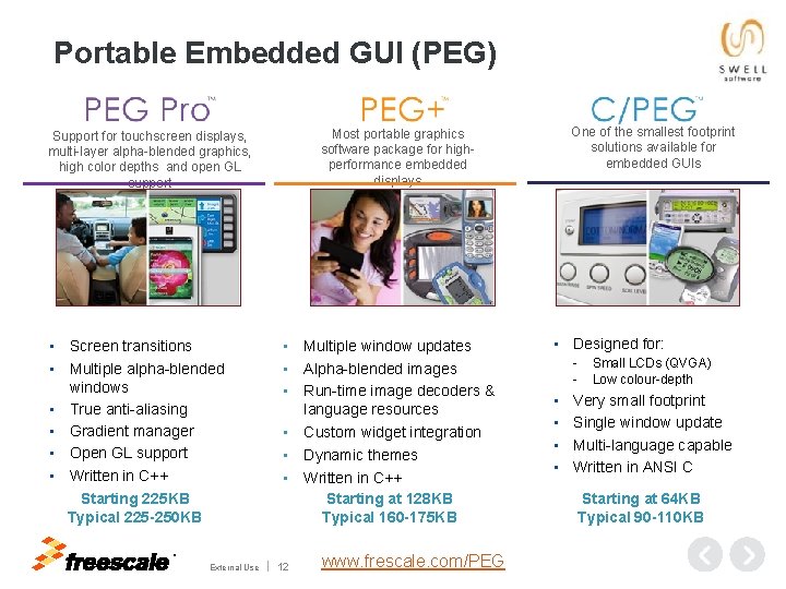 Portable Embedded GUI (PEG) • Screen transitions • Multiple alpha-blended windows • True anti-aliasing