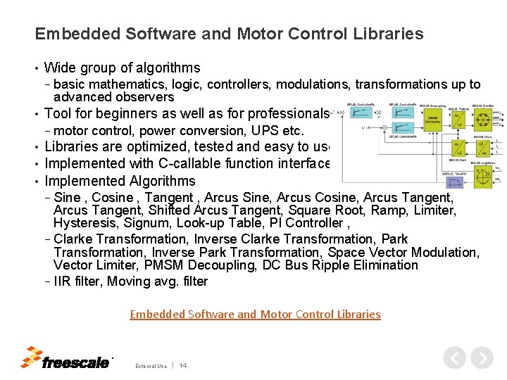 Embedded Software and Motor Control Libraries • Wide group of algorithms − basic mathematics,
