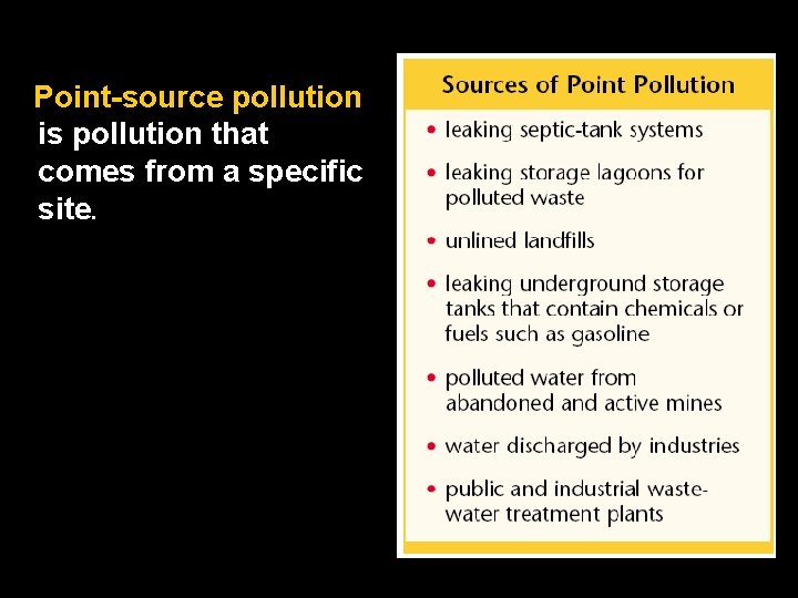 Point-source pollution is pollution that comes from a specific site. 