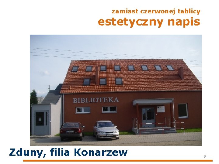 zamiast czerwonej tablicy estetyczny napis Zduny, filia Konarzew 6 