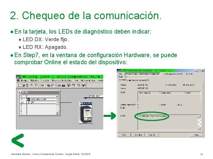 2. Chequeo de la comunicación. ● En la tarjeta, los LEDs de diagnóstico deben