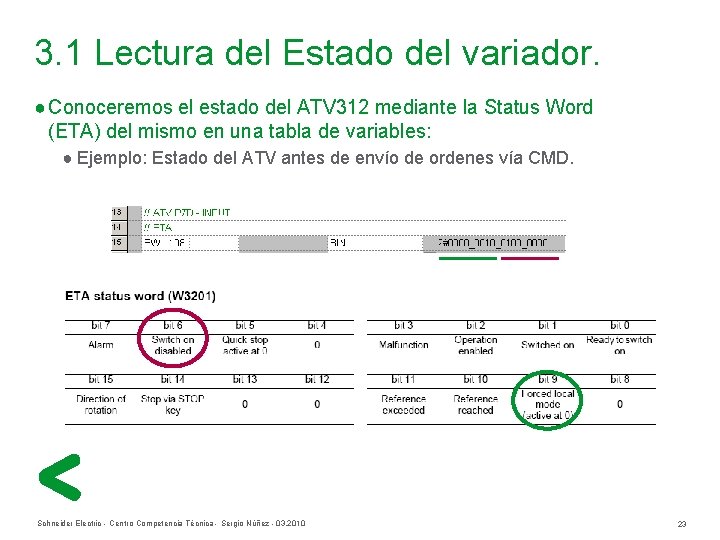 3. 1 Lectura del Estado del variador. ● Conoceremos el estado del ATV 312