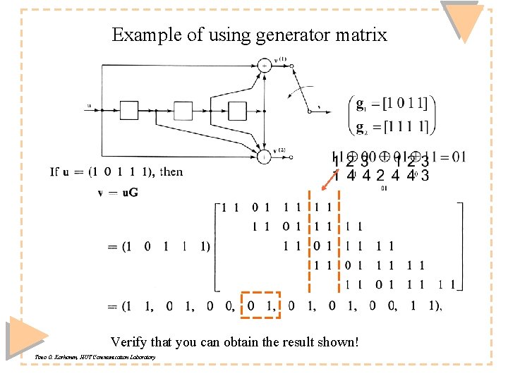 Example of using generator matrix Verify that you can obtain the result shown! Timo Example of using generator matrix Verify that you can obtain the result shown! Timo