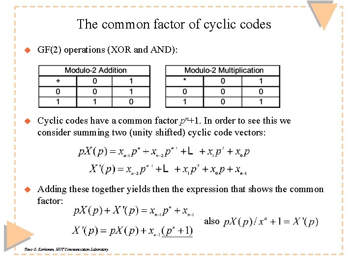 The common factor of cyclic codes u GF(2) operations (XOR and AND): u Cyclic The common factor of cyclic codes u GF(2) operations (XOR and AND): u Cyclic
