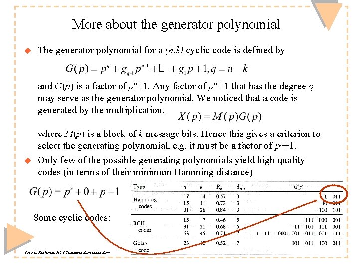 More about the generator polynomial u The generator polynomial for a (n, k) cyclic More about the generator polynomial u The generator polynomial for a (n, k) cyclic