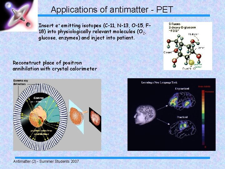 Applications of antimatter - PET Insert e+ emitting isotopes (C-11, N-13, O-15, F 18)