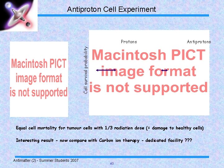 Antiproton Cell Experiment Antiprotons Cell survival probability Protons Equal cell mortality for tumour cells