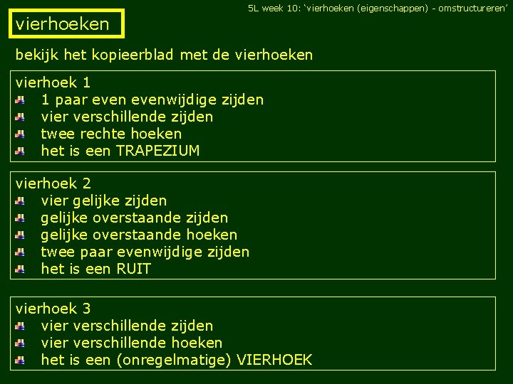 5 L week 10: ‘vierhoeken (eigenschappen) - omstructureren’ vierhoeken bekijk het kopieerblad met de