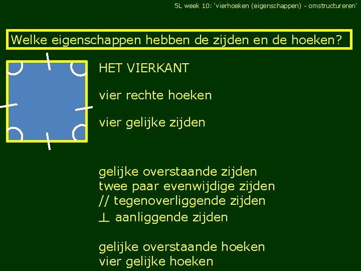 5 L week 10: ‘vierhoeken (eigenschappen) - omstructureren’ Welke eigenschappen hebben de zijden en