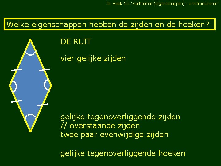 5 L week 10: ‘vierhoeken (eigenschappen) - omstructureren’ Welke eigenschappen hebben de zijden en