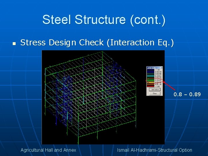 Steel Structure (cont. ) n Stress Design Check (Interaction Eq. ) 0. 8 –