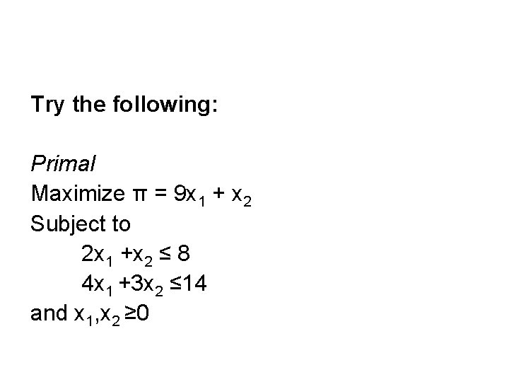 Try the following: Primal Maximize π = 9 x 1 + x 2 Subject
