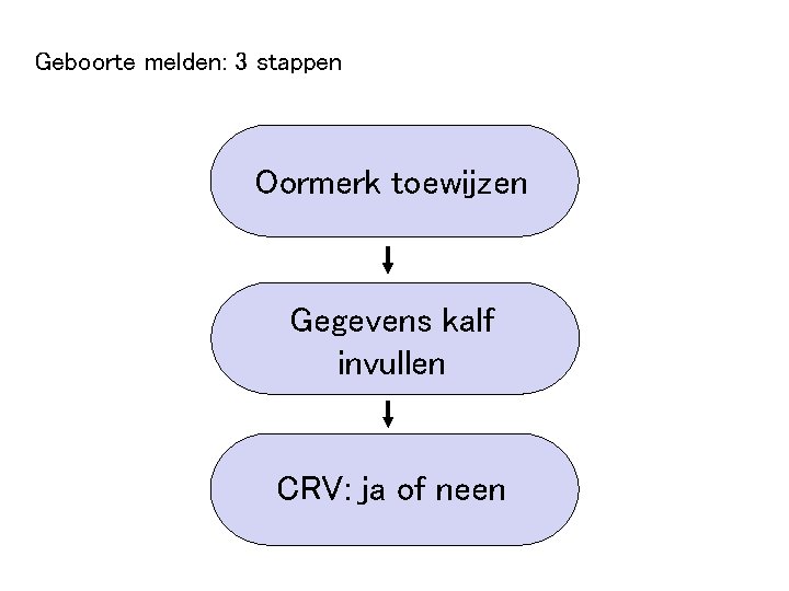 Geboorte melden: 3 stappen Oormerk toewijzen Gegevens kalf invullen CRV: ja of neen 