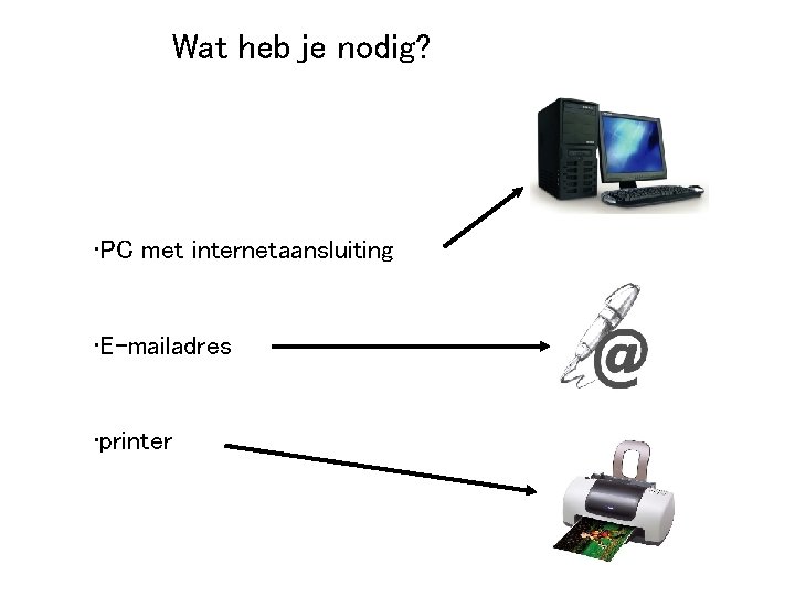 Wat heb je nodig? • PC met internetaansluiting • E-mailadres • printer 