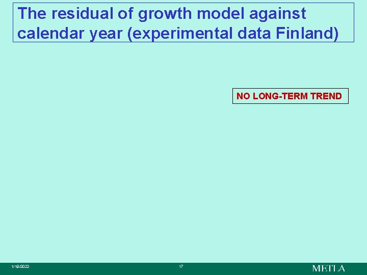 The residual of growth model against calendar year (experimental data Finland) NO LONG-TERM TREND